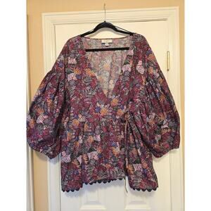 Sz 3X KIKA VARGAS Purple Tropical Print Puff Sleeve True Wrap Cotton Peplum Top